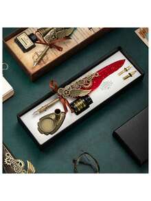 1pc Vintage Feather Pen For Wedding Event, European Style Dip Pen Set Including Ink, Wax Seal Stamp With Gift Box - Multicolor - View 2