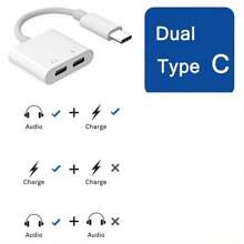 1 pieza Adaptador de auriculares White 2 en 1 con doble Tipo-C y divisor USB-C con conector Aux para carga, compatible con Huawei Samsung Xiaomi
