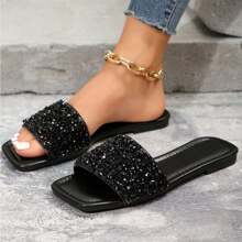 Women's Rhinestone Casual Fashion Slippers Square Open Toe Flat Bottom Sandals Summer Beach Slippers Indoor And Outdoor - 黑色 - 查看 4