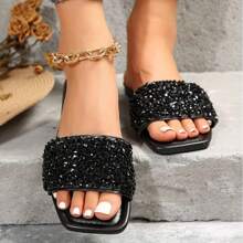 Women's Rhinestone Casual Fashion Slippers Square Open Toe Flat Bottom Sandals Summer Beach Slippers Indoor And Outdoor - 黑色 - 查看 3