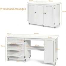 Mesa de costura plegable, armario y escritorio de costura 2 en 1, mesa para máquina de coser con ruedas, 3 compartimentos laterales y 1 armario, 2 ruedas con cerradura, para salón, dormitorio, oficina - Blanco - Ver 5