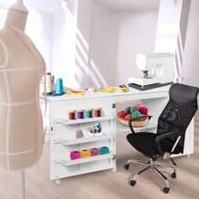 Mesa de costura plegable, armario y escritorio de costura 2 en 1, mesa para máquina de coser con ruedas, 3 compartimentos laterales y 1 armario, 2 ruedas con cerradura, para salón, dormitorio, oficina - Blanco - Ver 4