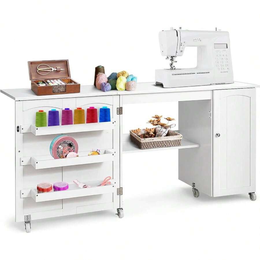 Mesa de costura plegable, armario y escritorio de costura 2 en 1, mesa para máquina de coser con ruedas, 3 compartimentos laterales y 1 armario, 2 ruedas con cerradura, para salón, dormitorio, oficina - Blanco - Ver 1