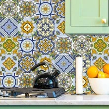 1set/10pcs Self-Adhesive Removable Pvc Tile Stickers, Waterproof Square European Floral Pattern Wall Decals For Home Decoration - Multicolor - View 4
