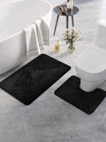 1pc Leaf Patterned Carpet, Minimalist Style Polyester Fiber Rectangle Memory Foam Absorbent Mat Suitable For Bathroom, Restroom, Living Room, Home Use