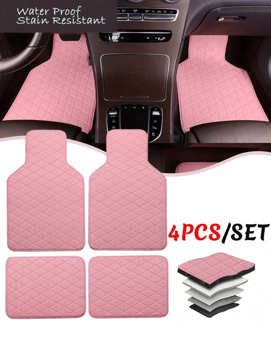 4pcs Car Foot Mat Waterproof PU Leather General Purpose Car Foot Mat, Simple Design Of Men's And Women's Car Carpet Accessories Interior - Pink - View 1