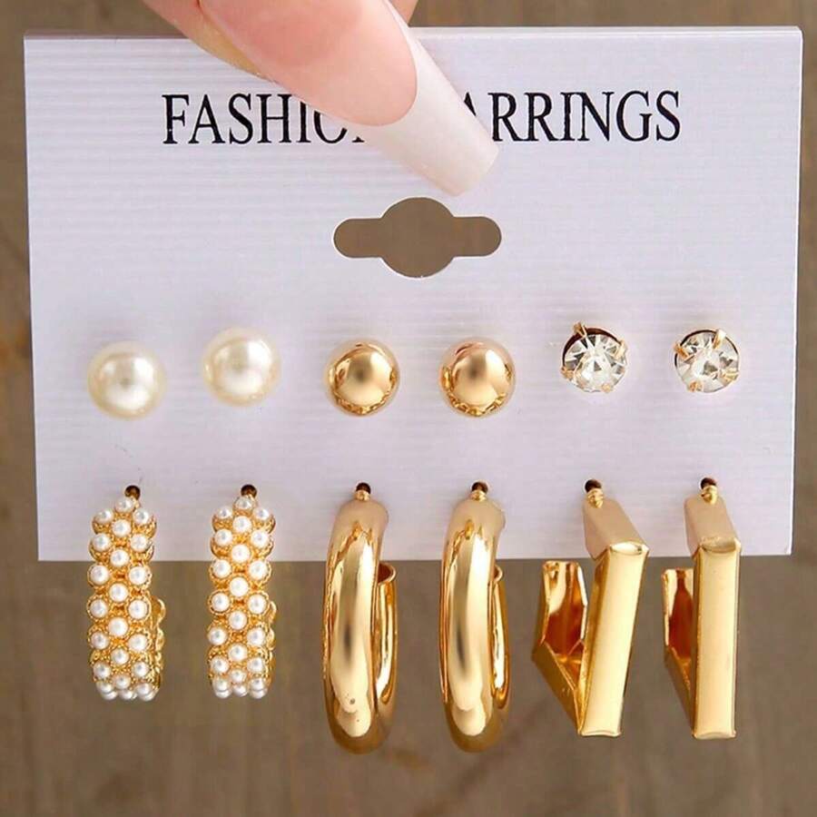 6pairs New Faux Pearl C-Shaped Earrings Set Combination - Gold - View 1