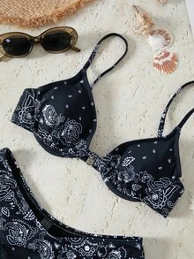 Bikinx 佩斯利印花比基尼套装带钢圈聚拢吊带文胸和性感下装 2 件套西式泳衣夏季 - 黑與白 - 查看 3