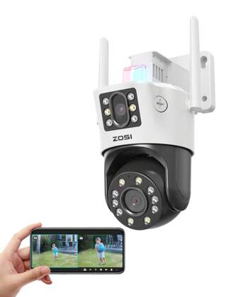 ZOSI ZOSI 8MP (4MP+4MP) Telecamera WiFi Esterna a Doppio Obiettivo con Spina, 2,4G WiFi, Zoom Ibrido 8X, Auto Tracking, Audio Bidirezionale, Rilevamento Veicoli/Persone, C298
