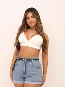 Women Denim Shorts - 中等水洗藍 - 查看 4