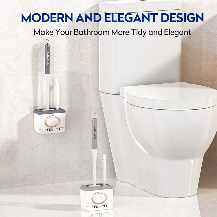 Aokala Toilet Brush And Holder Set Toilet Bowl Brush With Cleaning Brush Silicone Toilet Bowl Cleaners Brush For Deep Cleaning - Light Grey - View 7
