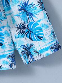2pcs Set Tween Boy Casual Leaf Ditsy Floral Short Sleeve Polo Collar Shacket And Matching Shorts, Spring/Summer