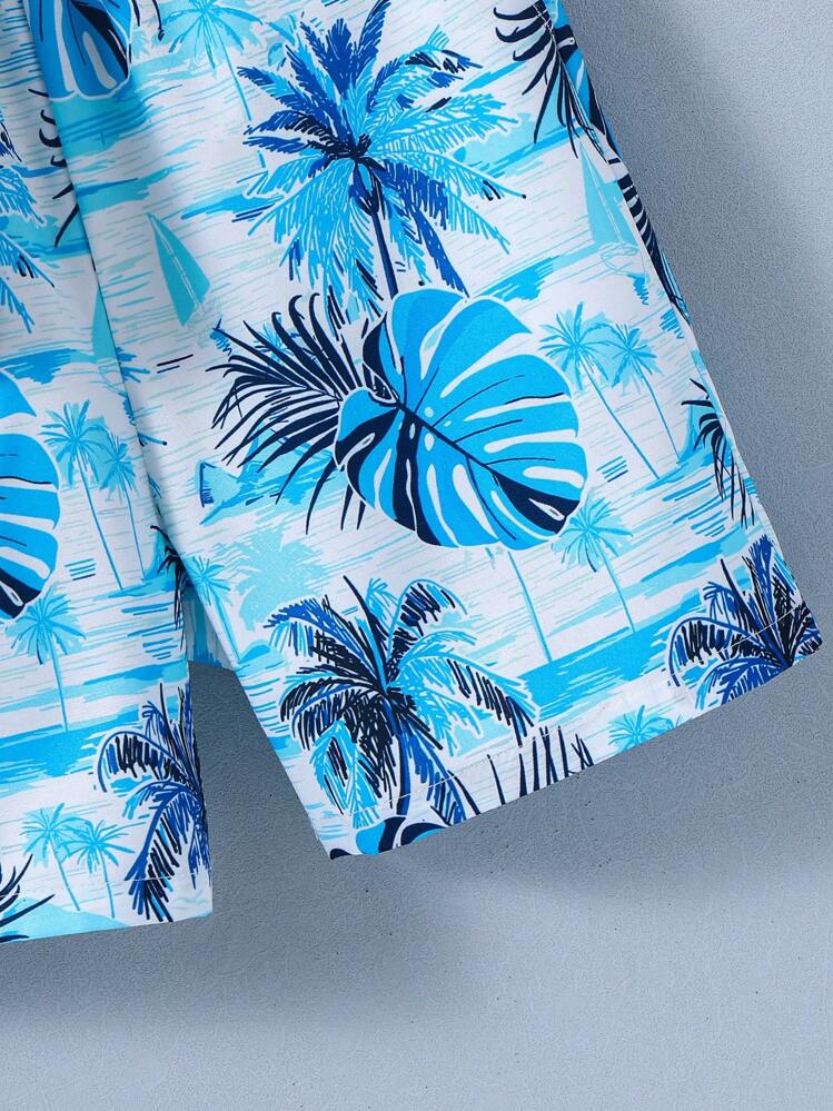 Set de 2 piezas de camisa polo de manga corta con estampado de árbol de coco y flores pequeñas, y pantalones cortos a juego para niños, camisa hawaiana de estilo aloha, para primavera/verano - Azul y blanco - Añade 6