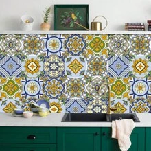 1set/10pcs Self-Adhesive Removable Pvc Tile Stickers, Waterproof Square European Floral Pattern Wall Decals For Home Decoration - Multicolor - View 5