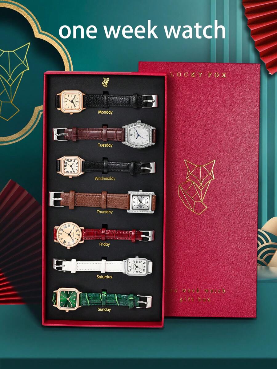 7 Stücke Batterie Kombinationssatz Für Jugendliche Studenten, Neues Thema 'wochenuhr' Mit Geschenkbox Set, Einfache Und Lässige Zinklegierung Vintage Quarzlederarmbanduhr Geeignet Für Den Täglichen Gebrauch