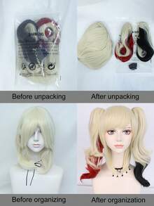 短直金色假发，带刘海和双长波浪马尾辫接发，耐热三色合成假发，适合女性参加动漫展动漫角色扮演表演服装派对万圣节日常假发，卡哇伊洛丽塔公主角色扮演假发，带刘海，16 英寸中长金色混合红色/黑色可拆卸马尾辫假发，金色假发带可拆卸辫子和 1 个假发帽（4 件套：1 个假发 + 2 个夹式马尾辫 + 1 个假发帽） - 彩色 - 查看 6