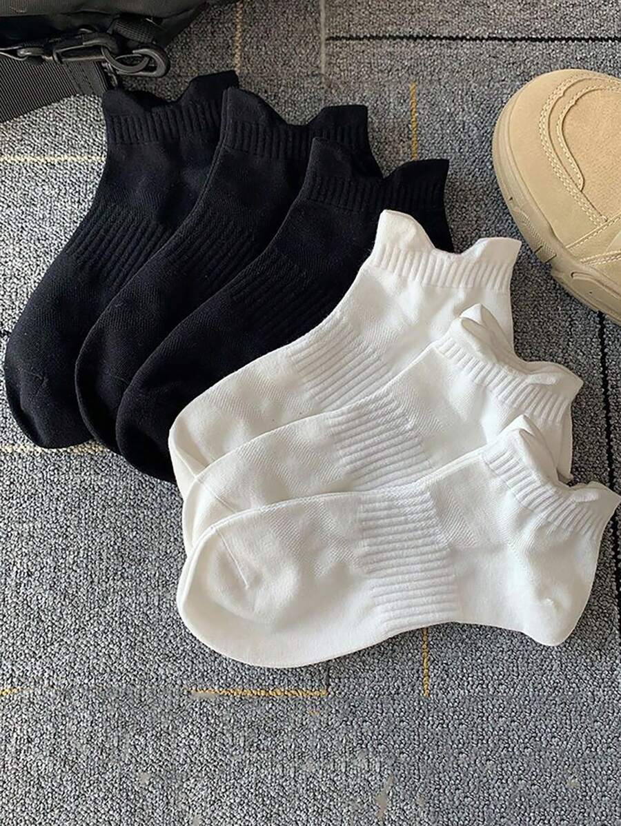 6 双男女通用运动袜，带后跟拉环设计，健身，秋季 - 黑與白 - 查看 1