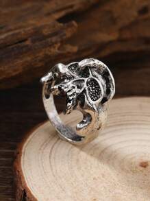 1pc Dark Gothic Distressed Large Skull Ring, 3D Carved Black Base Open Band, Vintage Motorcycle Style Jewelry - Antique Silver - View 1