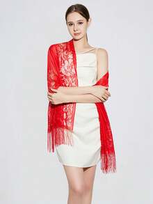 1 件純色蕾絲流蘇披肩,時尚優雅,多功能圍巾,適合晚會、海灘婚禮、伴娘、舞會 - A - 查看 2