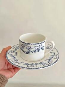 手繪花卉陶瓷杯碟一套,復古法式咖啡杯碟,文青風古風茶杯碟,適用於客廳、餐廳、咖啡店 - 藍色 - 查看 6