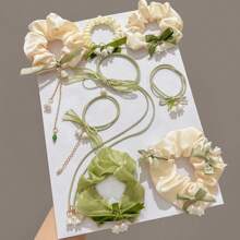 8 Stück Haargummis mit grünen Lilien Blumen für Damen, hochelastische Haarscrunchies, für Frühling und Sommer elegant, Haraccessoires, Pferdeschwanz, Haargummi, Haarbobbles