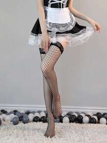 2pairs/Pack Black Hollow Out Fishnet Stockings With Lace Trim Over Knee High Thin Long Socks, Summer