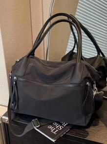 Túi Tote Nylon Cho Nữ Dung Tích Lớn Đeo Ngang/Vai/Ví Cầm Tay Phong Cách Retro Và Đa Năng, Hàng Mới 2024, Túi Đeo Vai Đi Học - màu đen - Xem 5