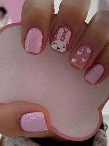 24pcs Short Square Easter Bunny & Heart Design Shiny False Nails Set, Press On Nails For Women And Girls Nail Supplies