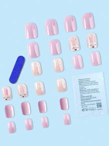 24pcs Short Square Easter Bunny & Heart Design Shiny False Nails Set, Press On Nails For Women And Girls Nail Supplies