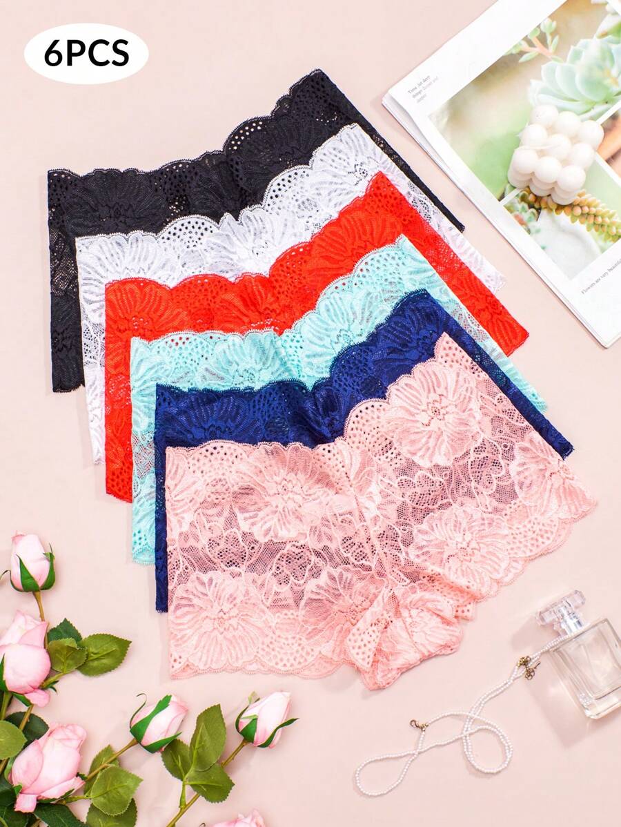 6入組高腰無縫性感蕾絲透氣空心三角褲 - 彩色 - 查看 1