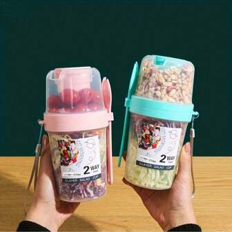 1pc Breakfast Salad Cup Breakfast Food Container Jar, Portable Fruit And Vegetable Light Food With Fork Cover Yogurt Cup Slimming Cup Portable Water Cup For School Office,Kitchen,Christmas Gift