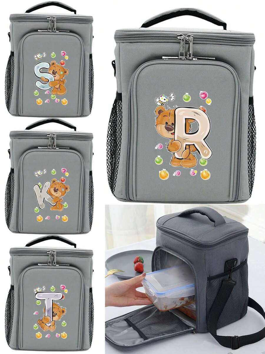 Bolso De Almuerzo De Hombro Bolsa De Almuerzo De Gran Capacidad Caja Aislada De Oso Inicial Con Patrón De Letras De A A Z Bolso De Mano Enfriador Cruzado Bolsa Organizadora De Banda Para El Hombro Bolsa Térmica De Lona Para Alimentos Bolsa De Almuerzo Aislante Para Oficina, Trabajo, Camping, Picnic Bolsa De Refrigerador - Gris - Ver 1