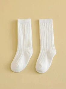 4pairs Children's White Solid Color Fashionable Sports Style Knee-High Socks Suitable For School, Leisure And Vacation