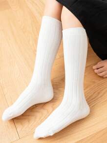 4pairs Children's White Solid Color Fashionable Sports Style Knee-High Socks Suitable For School, Leisure And Vacation