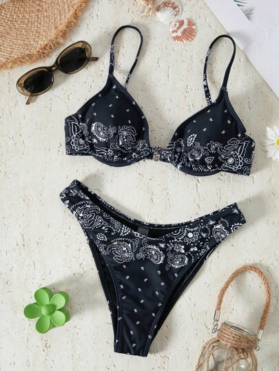 Bikinx Paisley Print Bikini Set Underwire Push Up Cami Bra & Cheeky Bottom 2 Pieces Western Bathing Suit Summer