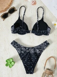 Bikinx 佩斯利印花比基尼套装带钢圈聚拢吊带文胸和性感下装 2 件套西式泳衣夏季 - 黑與白 - 查看 2