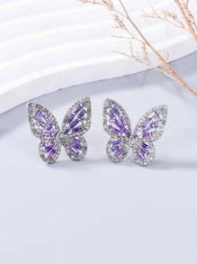 1 Pair Fashionable Rhinestone Butterfly Earrings, Suitable For Women's Daily Wear In Spring And Summer - Purple - View 2
