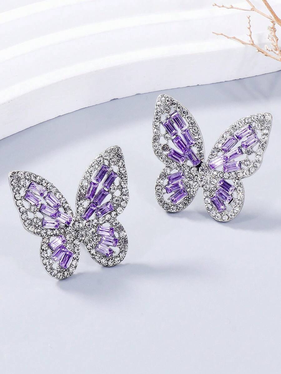 1 Pair Fashionable Rhinestone Butterfly Earrings, Suitable For Women's Daily Wear In Spring And Summer - Purple - View 1