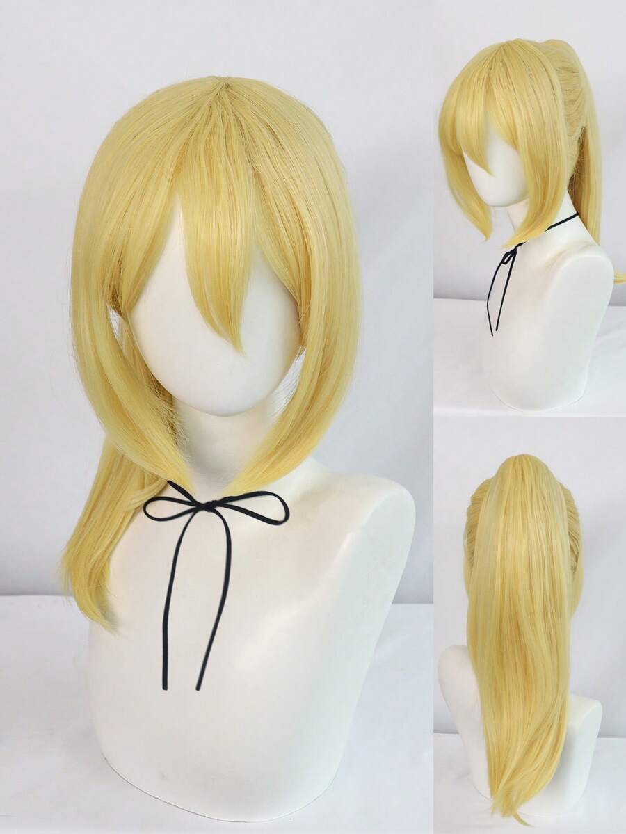 中長直髮金色馬尾和劉海合成假髮,女性角色扮演假髮萬聖節派對化妝舞會假髮動漫迷假髮女性禮物日常用途熱阻直髮金色馬尾假髮和夾在馬尾辮上的劉海和配件及1件假髮帽（3件套：1個假髮+1個夾在馬尾辮上的假髮+1個假髮帽） - 金色 - 查看 1