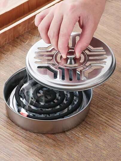 盖子颜色随机/不锈钢蚊香盒 便携式驱蚊户外蚊香盒带盖蚊香托盘支架香炉托盘家用 1PC