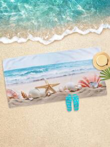 1pc Beach Towel With Starfish And Shell Pattern, Microfiber Printed Quick-Drying Absorbent Towel For Swimming, Vacation, Travel, Camping And Outdoor Activities Summer Travel, Vacation Holiday Bathroom Decor Beach Essentials