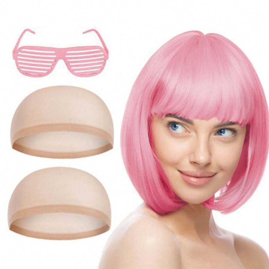 4件套短髮cosplay燕尾服假髮、眼鏡、髮網,直髮合成纖維女性自然外觀聖誕派對瀏海服裝假髮 - 彩色 - 查看 1