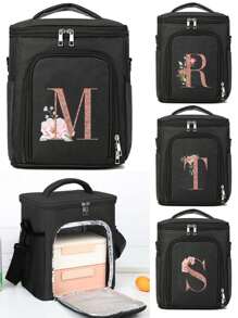 肩背式午餐袋,大容量保溫食物盒,玫瑰金首字母表紋路斜背冰桶手提包,斜背包整理袋,保溫肩背袋,帆布食品手提袋,保溫午餐盒袋,適用於辦公室,工作,野營,野餐,冰箱袋 - 黑色 - 查看 1