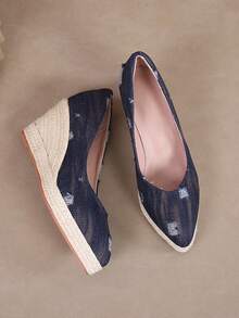 女士简约踝带编织坡跟舒适凉鞋，帆布坡跟粗跟高跟鞋，夏季度假风 - 藏蓝色 - 查看 5