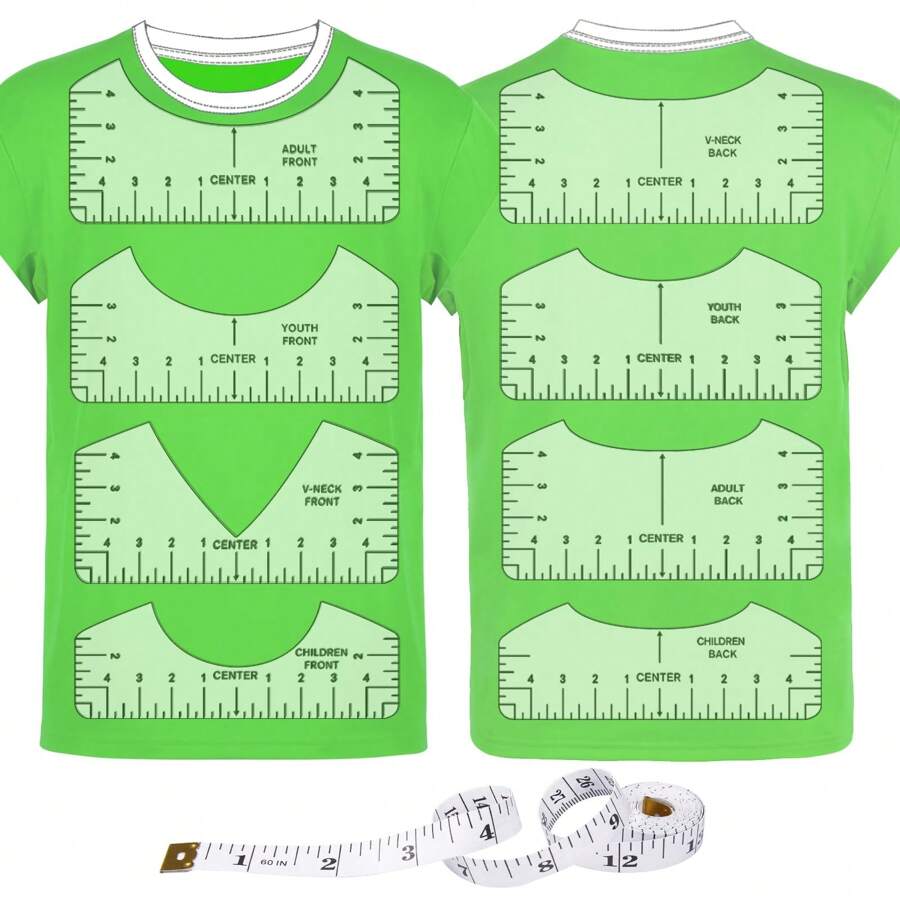 9 Piezas Regla Para Camisetas Con Guía Para El Centro De Vinilo, Regla De Pvc Transparente Con Cuello En V / Redondo Para Alineación, Prensado En Caliente, Tamaños Para Niños, Jóvenes Y Adultos, Medidas Delanteras Y Traseras - Rosa - Ver 1