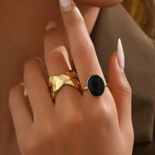 2 枚女士簡約風格金色黑石裝飾戒指 - A - 查看 8