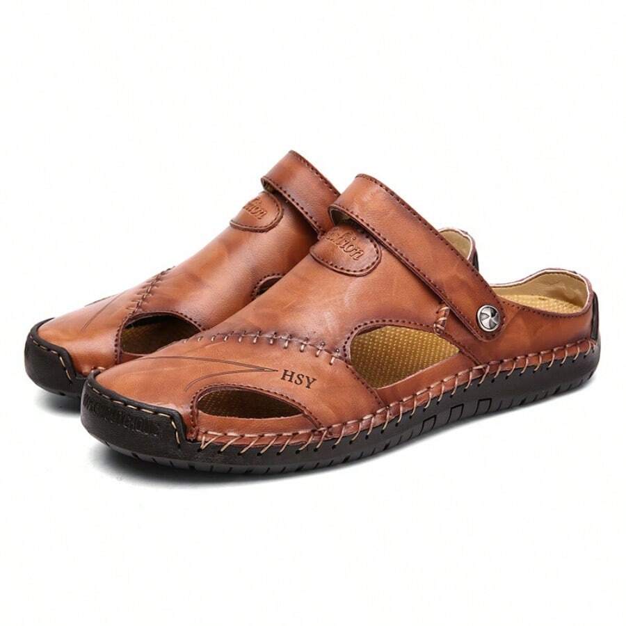 Men's Plus Size PU Leather Sandals & Slippers Hand Sewing With Waxed Thread - Brown - View 1