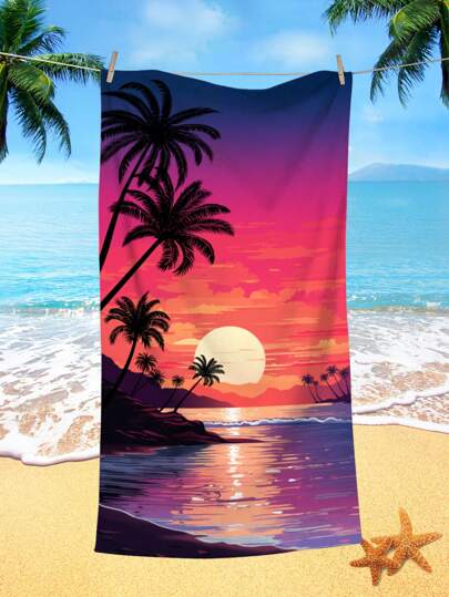 1pc Sunset Island Palm Tree Pattern Beach Towel, Microfiber Printed Quick Dry Absorbent Towel For Swimming, Vacation, Travel, Camping Summer Travel, Vacation Holiday Bathroom Decor Beach Essentials