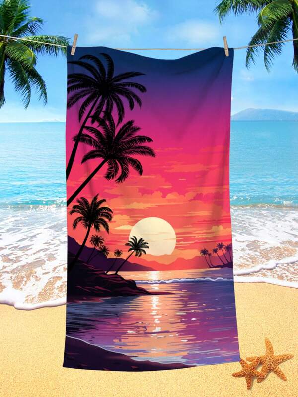 1 Stück Strandtuch mit Sonnenuntergang-Insel-Palmen-Muster, mikrofaserbedrucktes schnelltrocknenes saugfähiges Handtuch für Schwimmen, Urlaub, Reisen, Camping, Sommerreisen, Urlaubsferien Badezimmer Dekor Strandartikel
