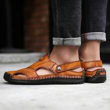 Men's Plus Size PU Leather Sandals & Slippers Hand Sewing With Waxed Thread - Brown - View 5